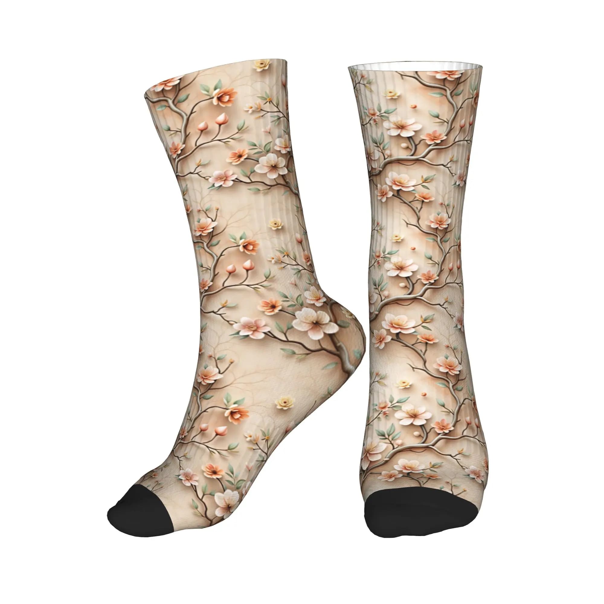 3D Clay Embossed Peach Magnolia Branch Floral Men Women Crew Socks Unisex Fun 3D Print Dress Socks
