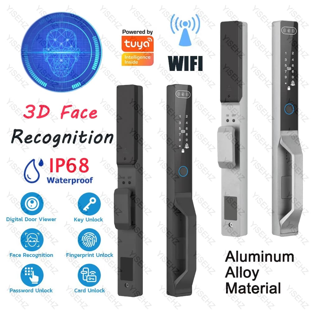 Tuya impermeabile elettronico in alluminio serratura per porta scorrevole WiFi Smart Door Lock 3D Face Unlock Key Fingerprint Password IC Unlock