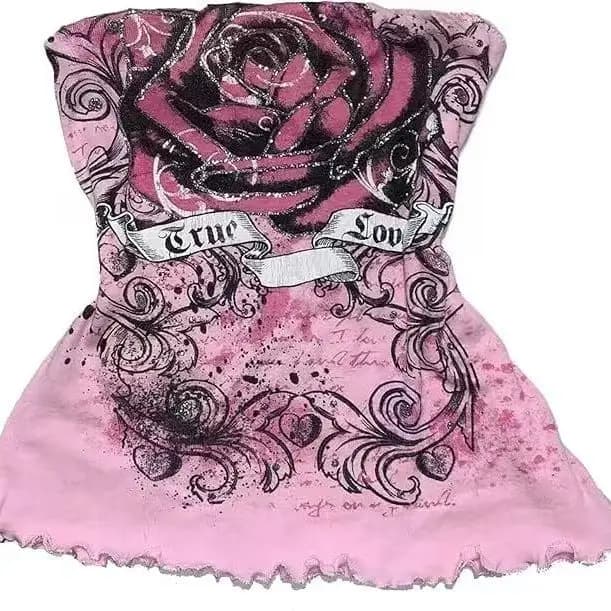 Sexy Hottie Y2k Aesthetic Rose Print Strapless Vest Women Vintage Slim Fit Outerwear Crop Top Harajuku Hotsweet Short Tanks Ins