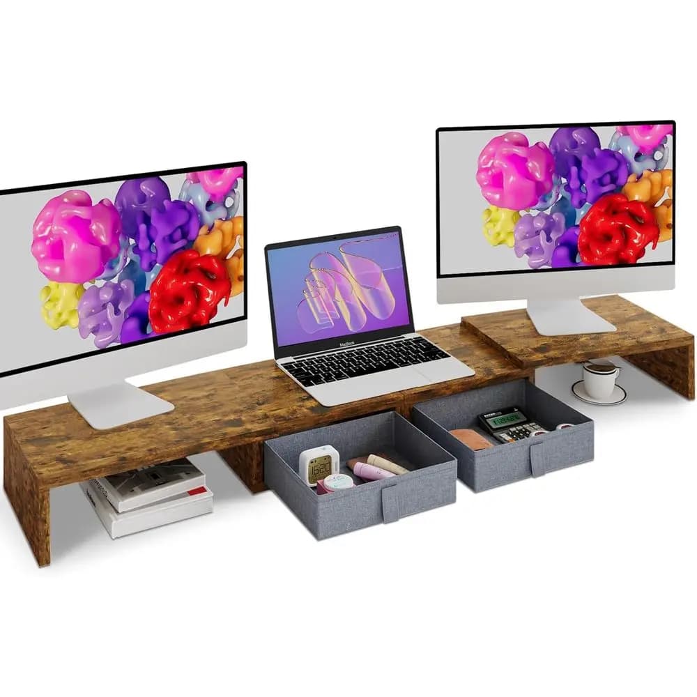 Monitor support Adjustable in Length and Angle with 2 Drawers, Large Computer Rehabilitation or 2 Monitor/Laptop/PC, Wood/T