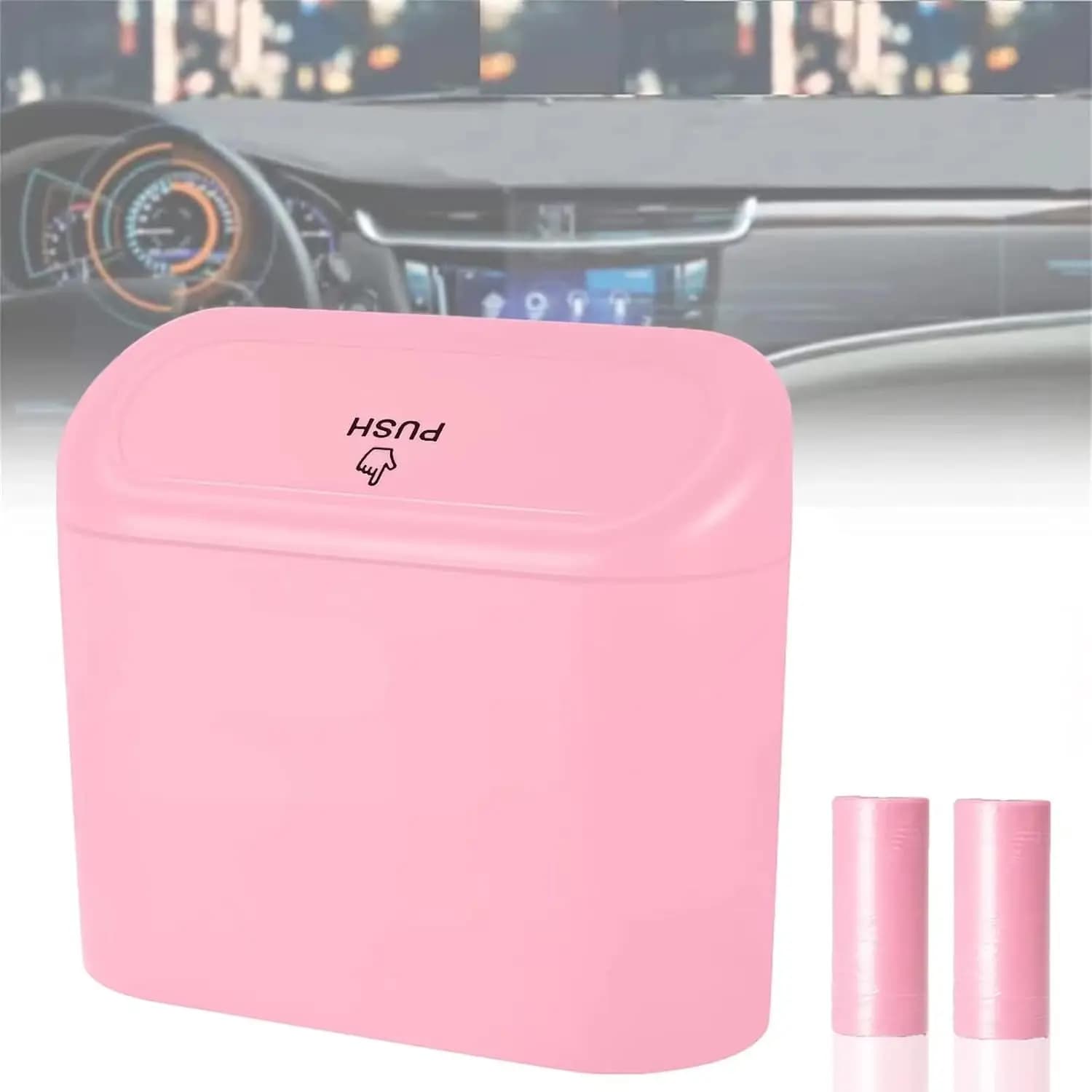 Mini cestino per auto con coperchio, contenitore portatile da appendere per veicoli, casa, ufficio, include 2 rotoli di sacchetti usa e getta, rosa