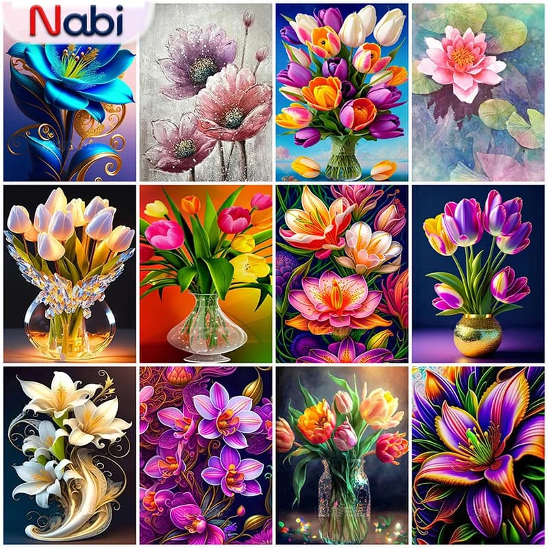 Nabi DIY Rose Diamond Painting Flower Cross Stitch Tulip Mosaic Lily Needlework Embroidery Lotus Wall Decor