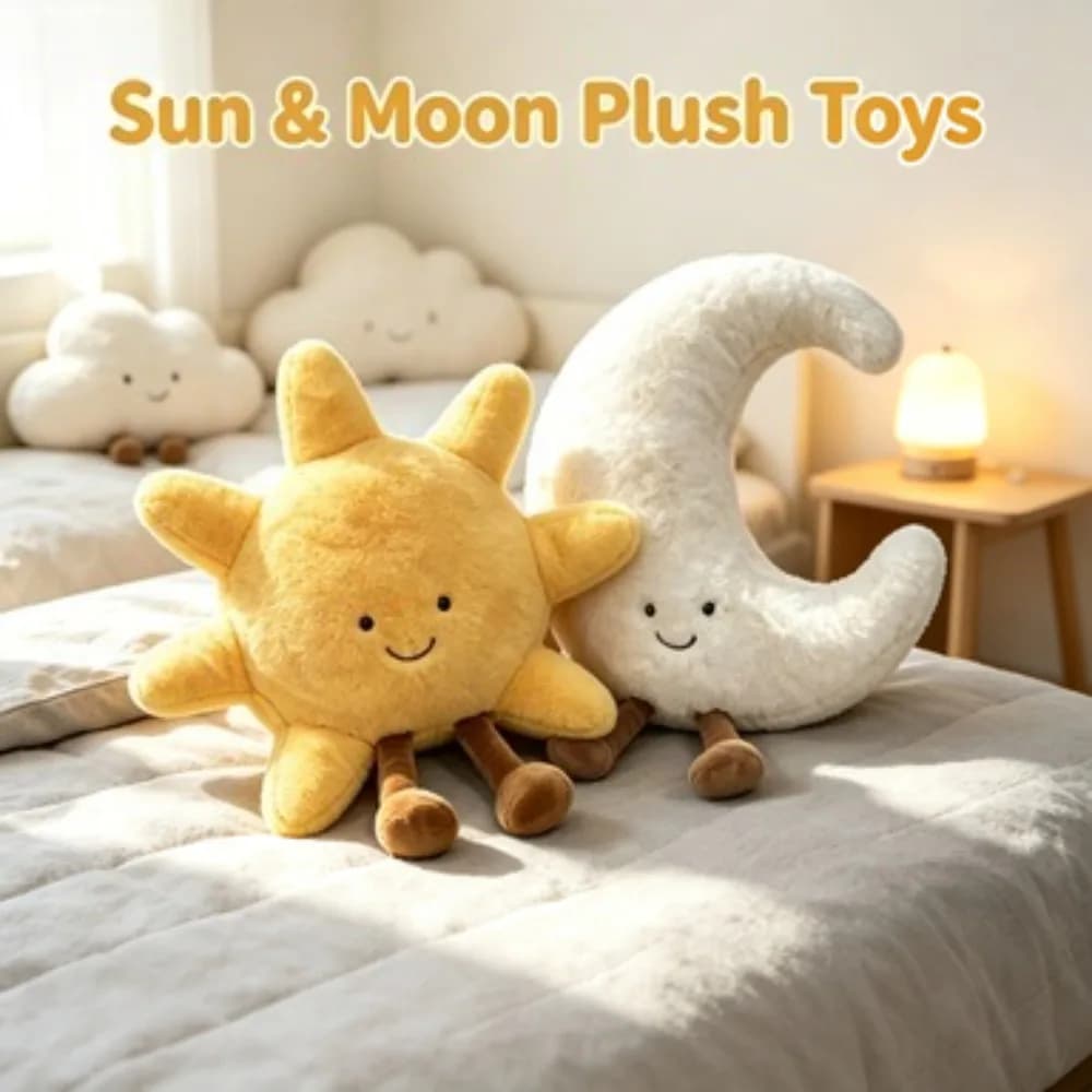 Adorable Smile Face White Moon Yellow Sun Plushie Cute Cartoon Weather Stuffed Toy for Kid Bedroom Decor Sofa Throw Pillow