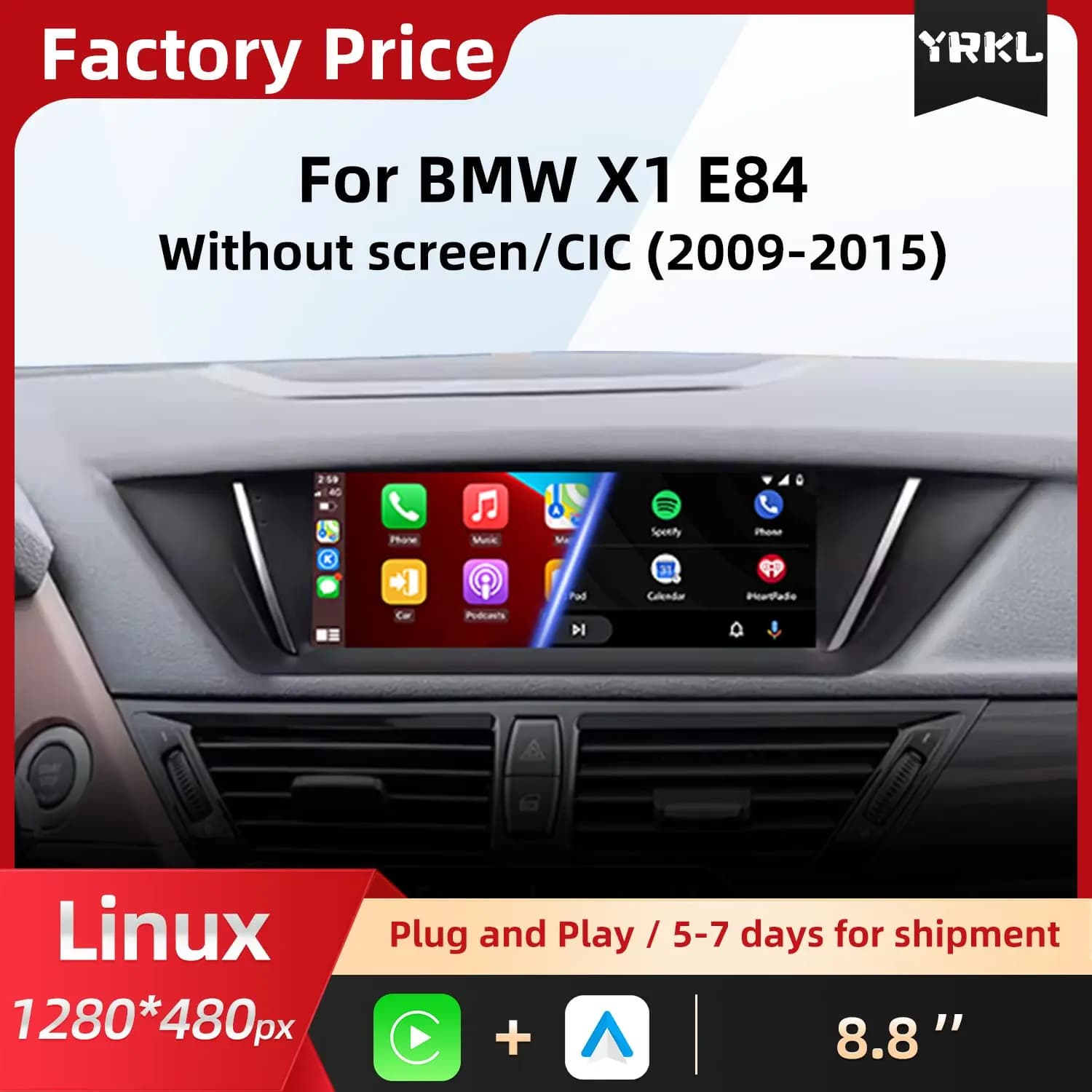 Linux Wireless Carplay for BMW X1 E84, Android Auto radio, video media player, browser, central monitor, BT touchscreen.