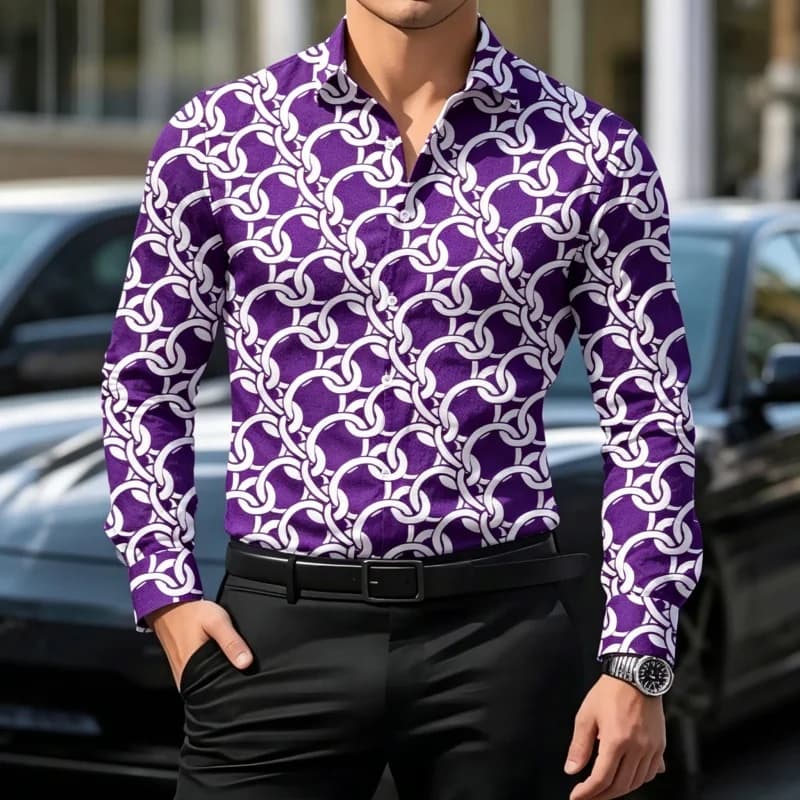 Men's Chain Print Long Sleeve Stand Collar Shirt Slim Fit Casual Button Up Blouse Luxury Streetwear Business Party Tops