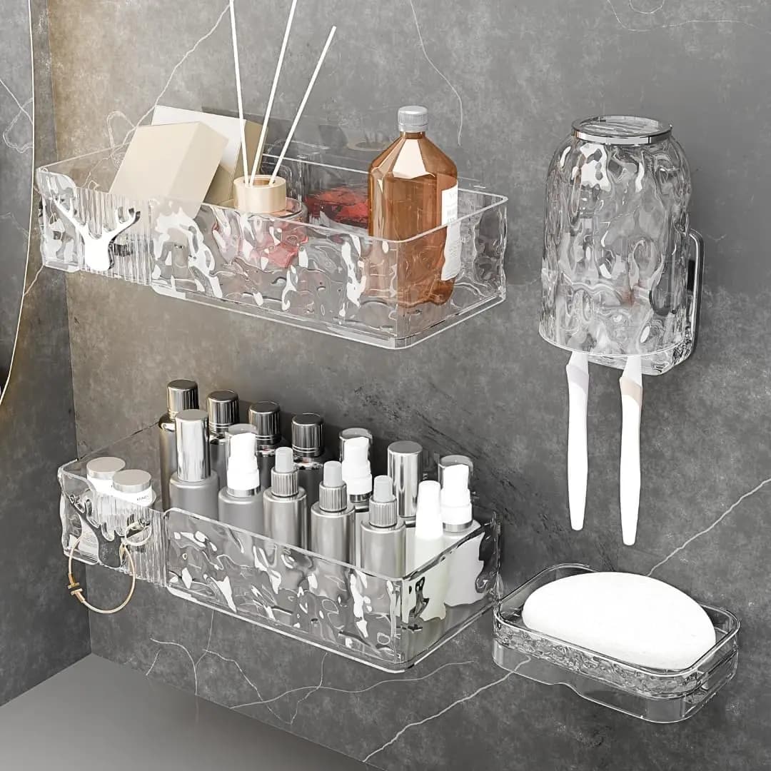 Mensole doccia in acrilico con portasapone e porta spazzolino, organizer doccia in plastica trasparente, organizer da parete adesivo per bagno