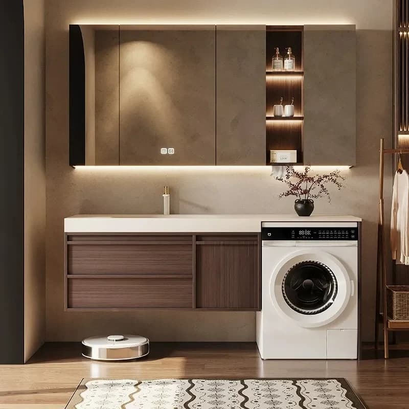 Mobiletto da Bagno a Parete in Legno con Lavabo in Ceramica, Specchio e Armadietto di Lusso per Bagno