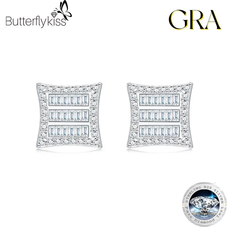 Butterflykiss Orecchini a bottone quadrati multi fila baguette Moissanite Orecchini a bottone da donna in argento 925 placcato oro 18 carati con design scintillante