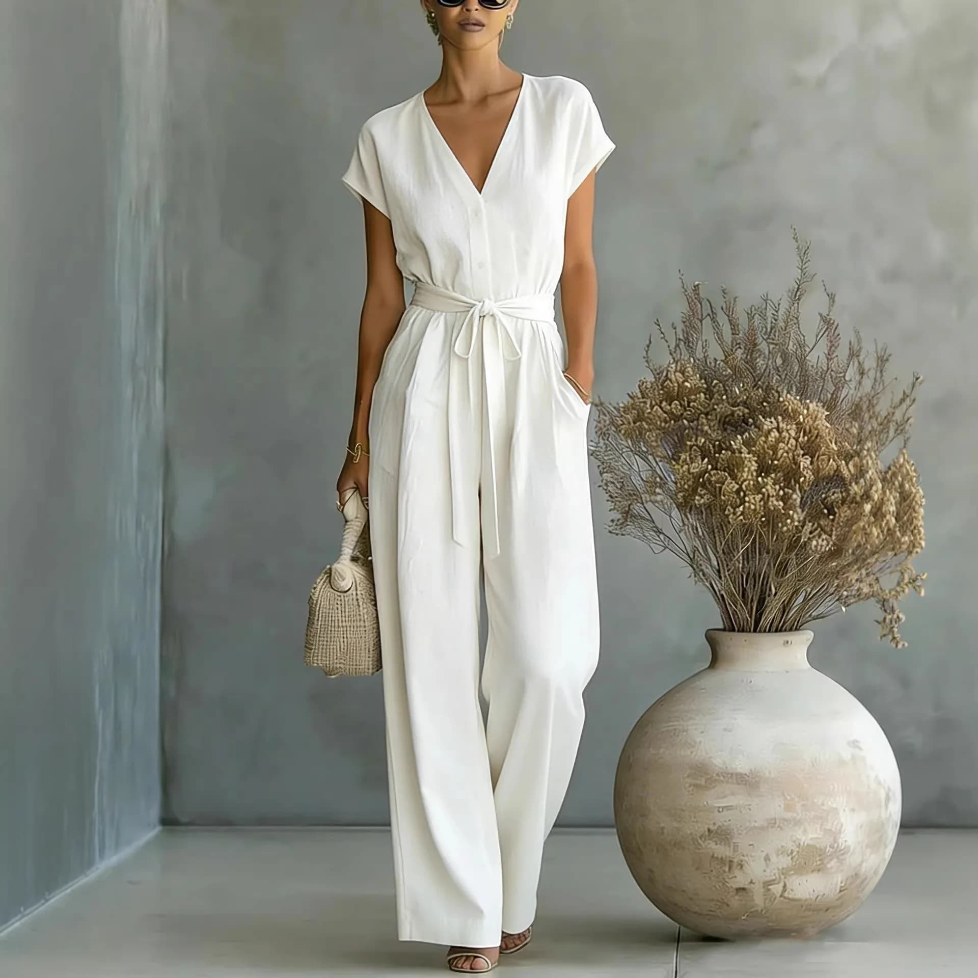 Women's White Linen V Neck Jumpsuit Summer Casual Short Sleeve Belted High Waist Wide Leg Romper Elegant Office Party Playsuit