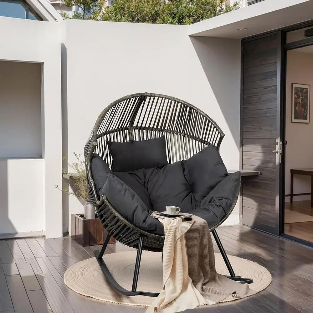 Rocking chairs, patio chairs in wickers, oversize desk with cushion or interior (living room, bedroom) and exterior (patio, garden)