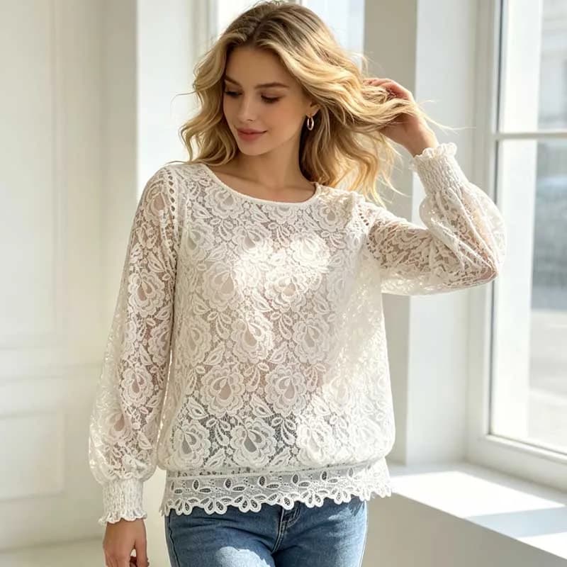 Fashion Lace Women Blouse 2026 Spring Autumn Long Sleeve New Elegant Casual Shirt Sweet Thin Loose Solid Color Hollow Out Tops