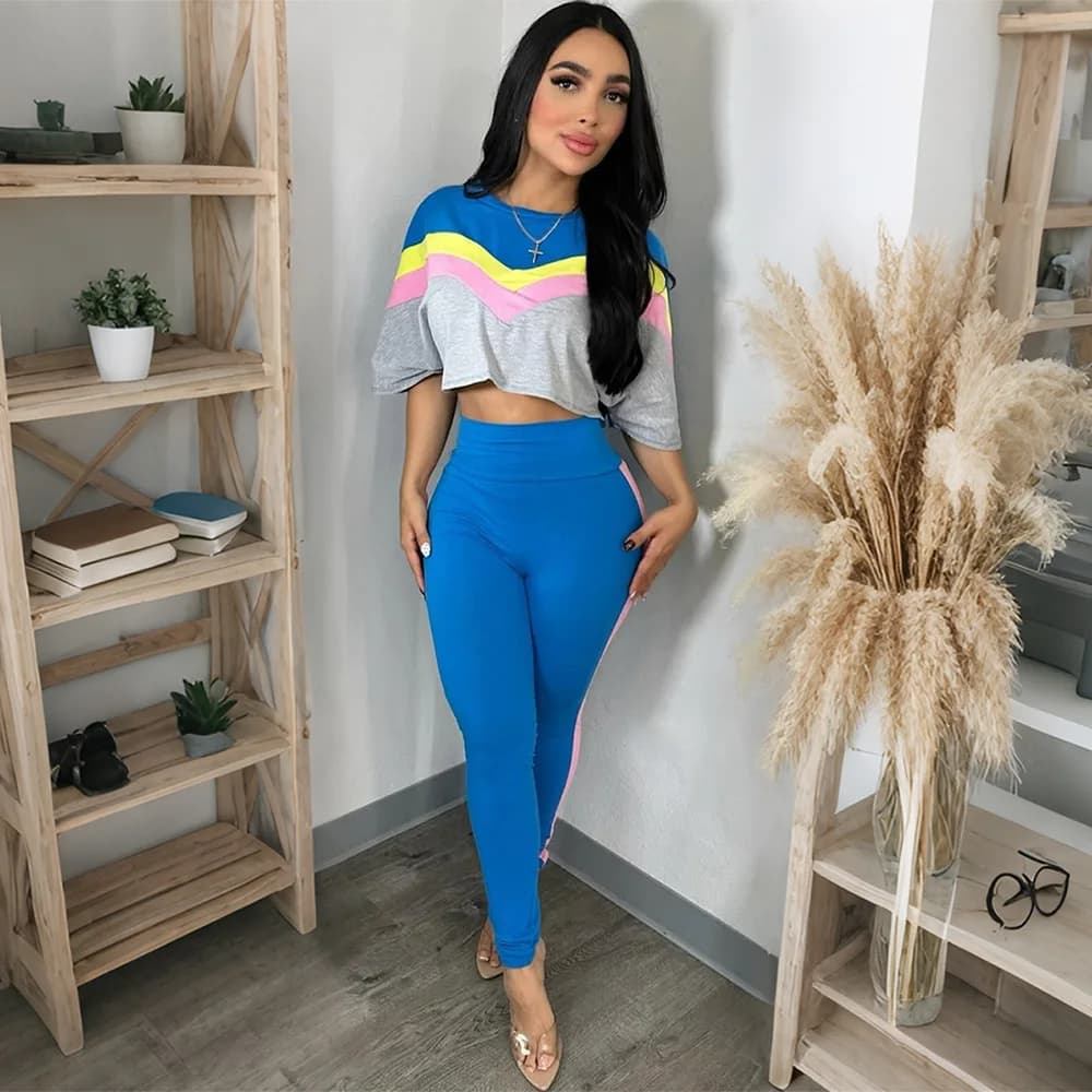 Stylish Lady Color Block 2 Piece Tracksuit Women Short Sleeve Crop Top High Waist Side Stripe Leggings Set Summer Casual Outfits