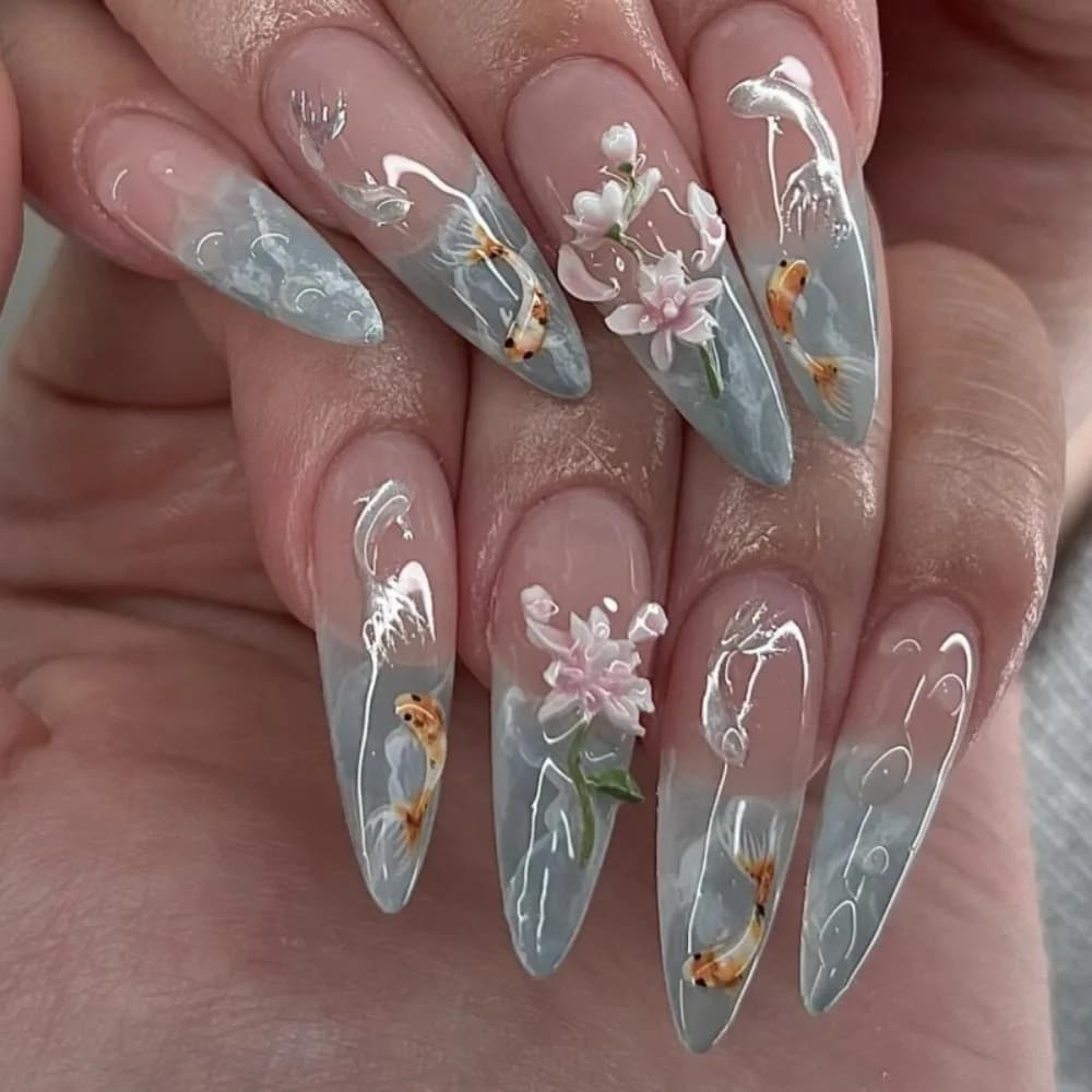 24pcs hot selling koi nail art 3D three-dimensional carved flower wearing armor Chinese style almond shaped French lotus fake nails