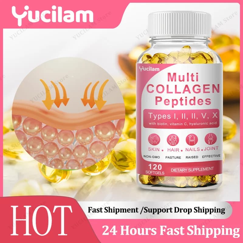 Peptidi multi collagene YUCILAM con acido ialuronico e vitamina C - FORMULA RISCANTE 8 IN 1 - Capsule di tipo I II III VX