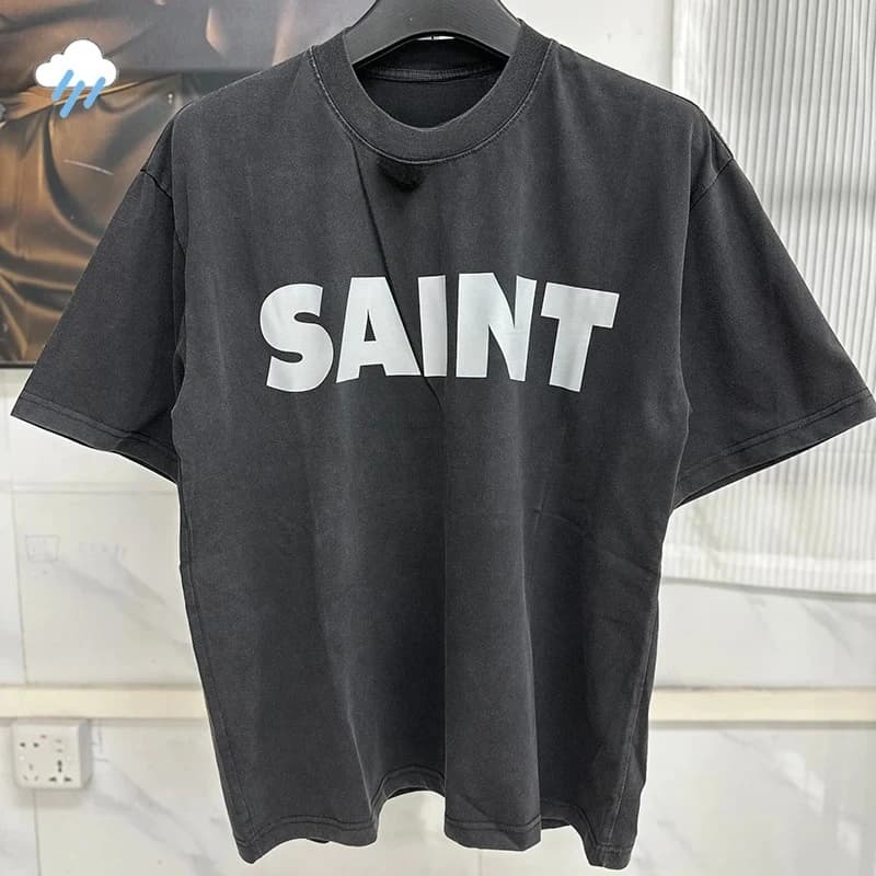 T-shirt Vintage Lavata Nera 100% Cotone 25SS Uomo Donna Casual Moda Classica Stampa Logo Lettere Saint T-Shirt Oversize