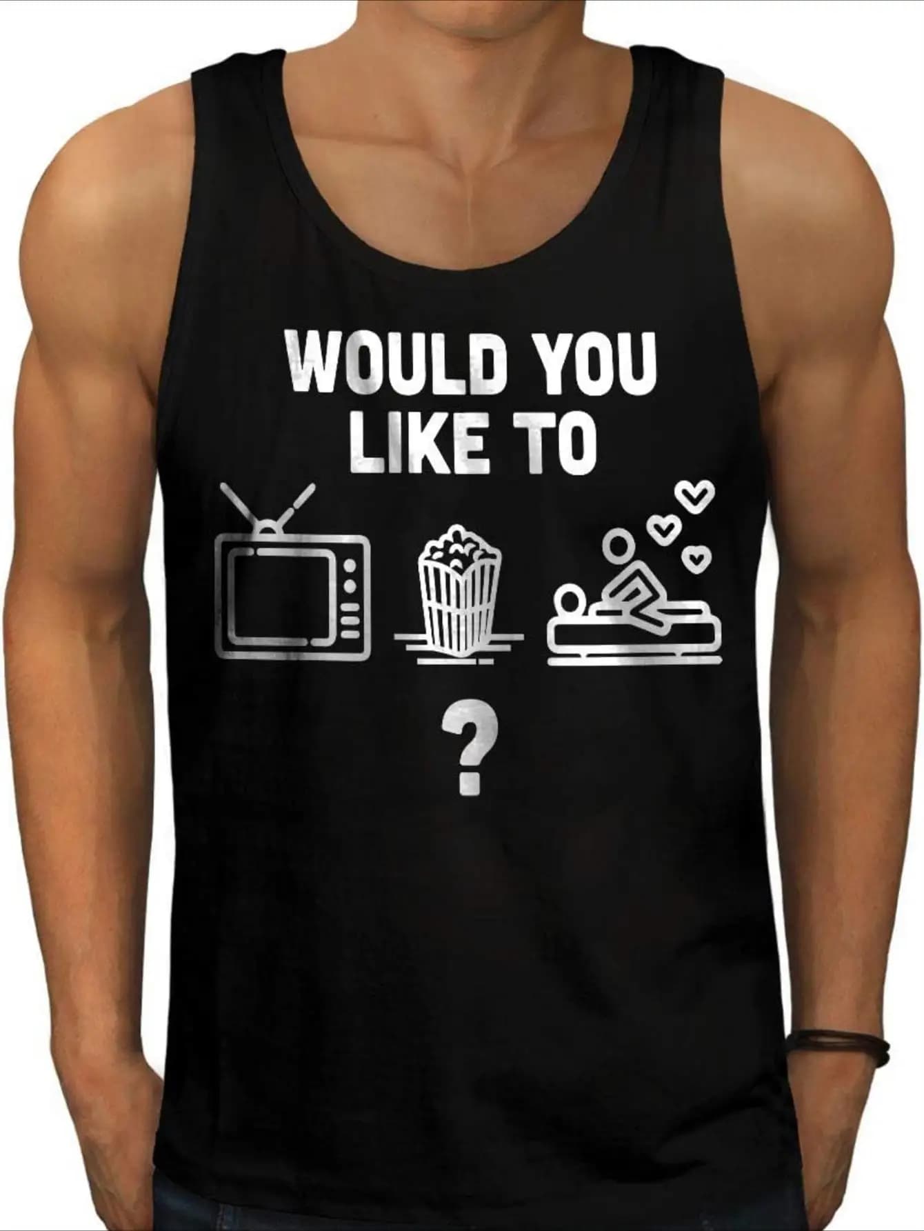 Men's T-shirt with film pattern and leisure - Sleeveless black shirt, with popcorn logo and film