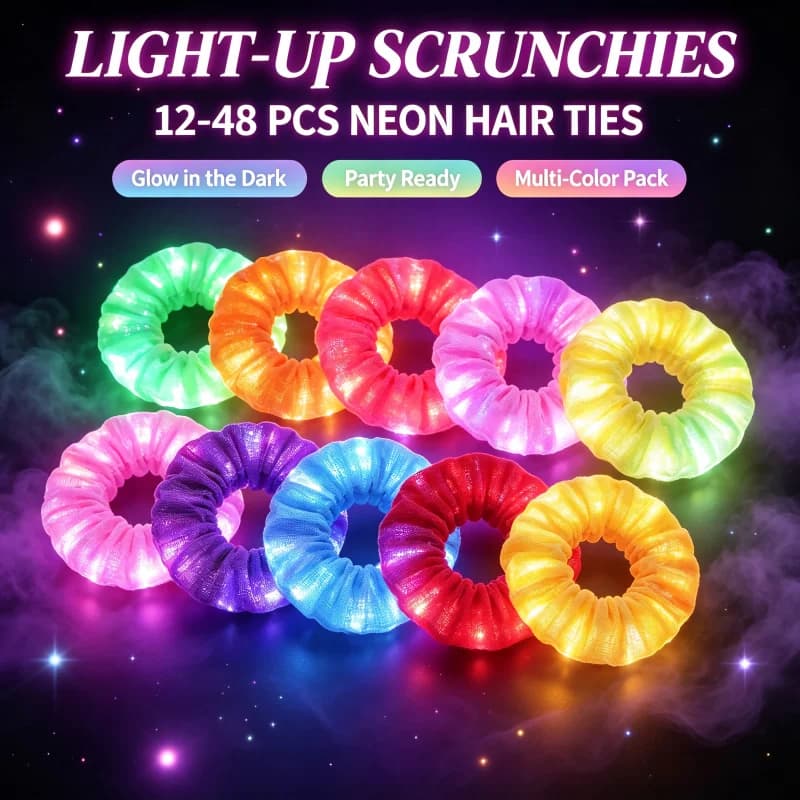 12-48Pcs LED Hair Scrunchie Light Up Hair Scrunchy for Women Satin Elastic Hairband Christmas Glow in the Dark Party Supplies