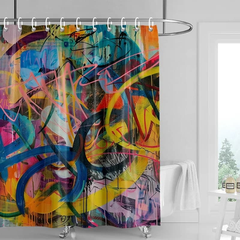 Tenda da doccia Graffiti Art-Decorazione da bagno impermeabile con schizzi al neon con bordo scritto a mano, tenda da doccia moderna per vasca da bagno