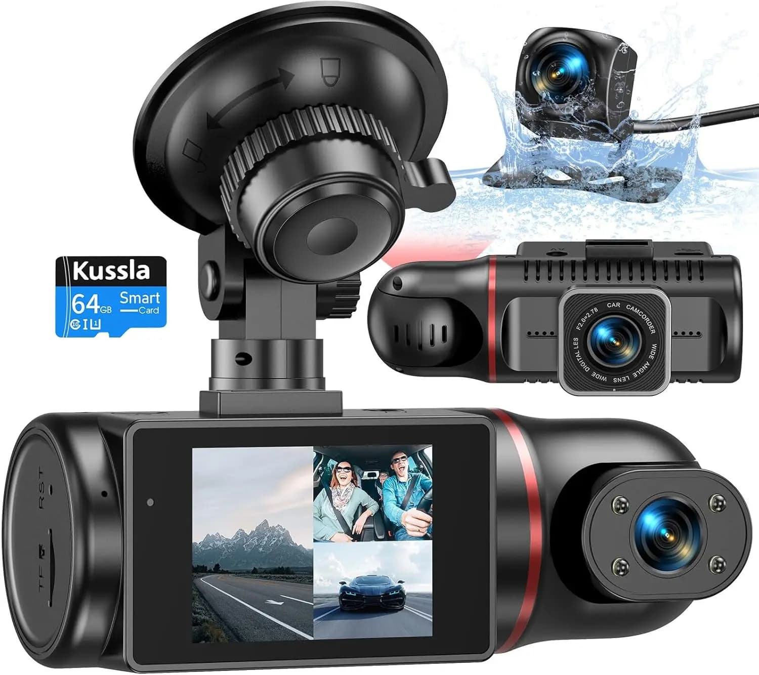 Dash Cam a 3 Canali 1080P con Visione Notturna Superiore, Registrazione in Loop, G-Sensor, WDR e Monitoraggio Parcheggio 24H per Auto