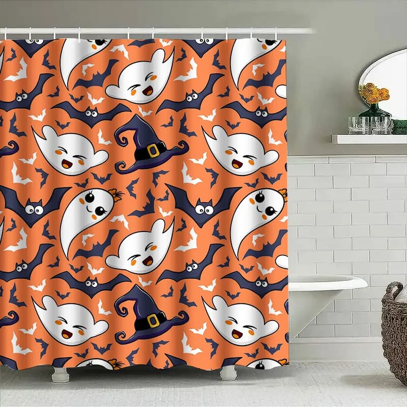 Tuniu Halloween Fantasma Pipistrello Tenda da doccia Divertente spettrale Simpatico arredamento da bagno arancione nero