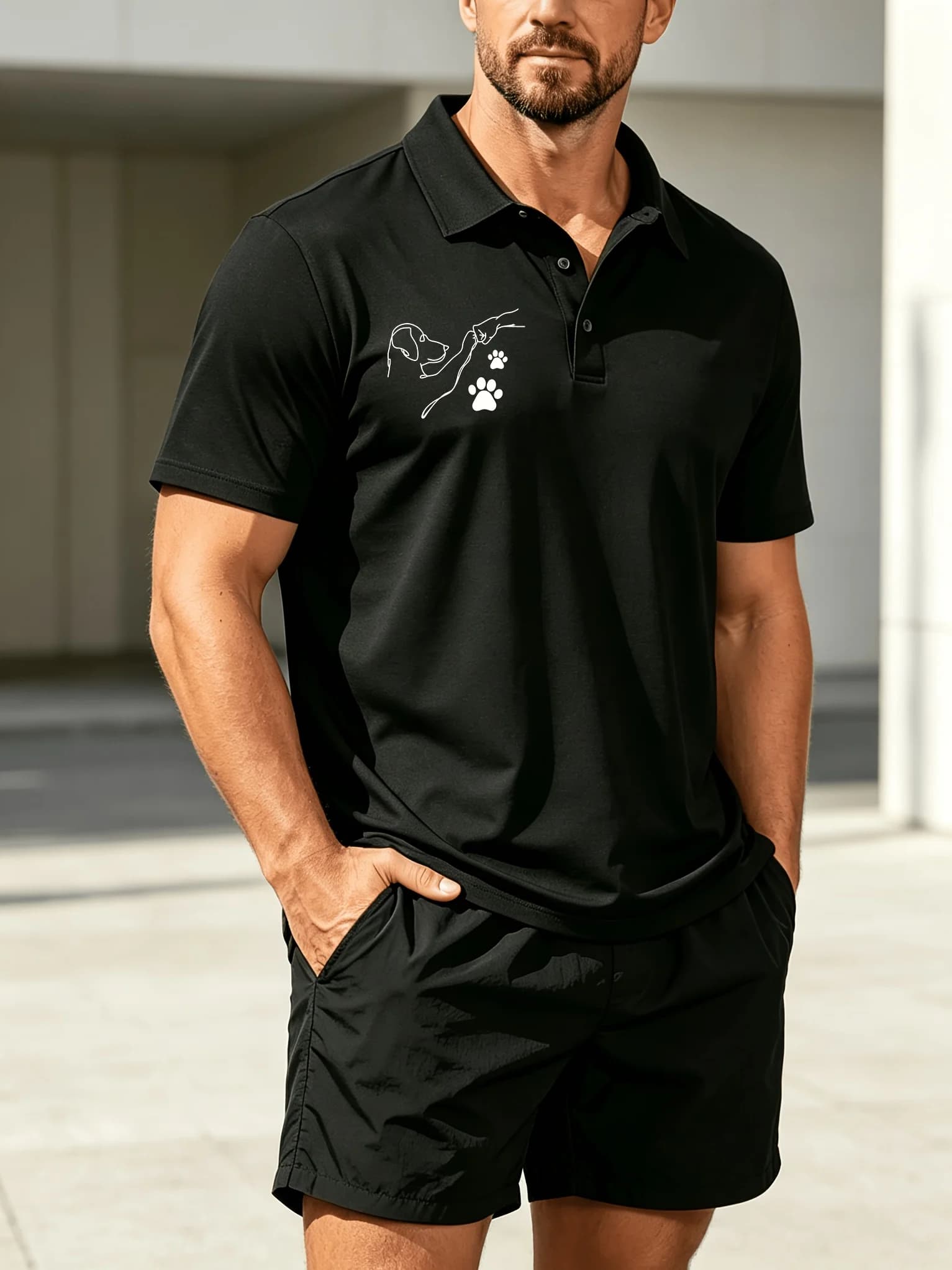 Dog Paw Print Men'S Summer 2PCS Print Polo Shirt & Short Sports Set Casual Outfit, Featuring a Short-Sleeve Collar Design And Pocketed Shorts, Perfect for Outdoor Leisure Beach Relaxation