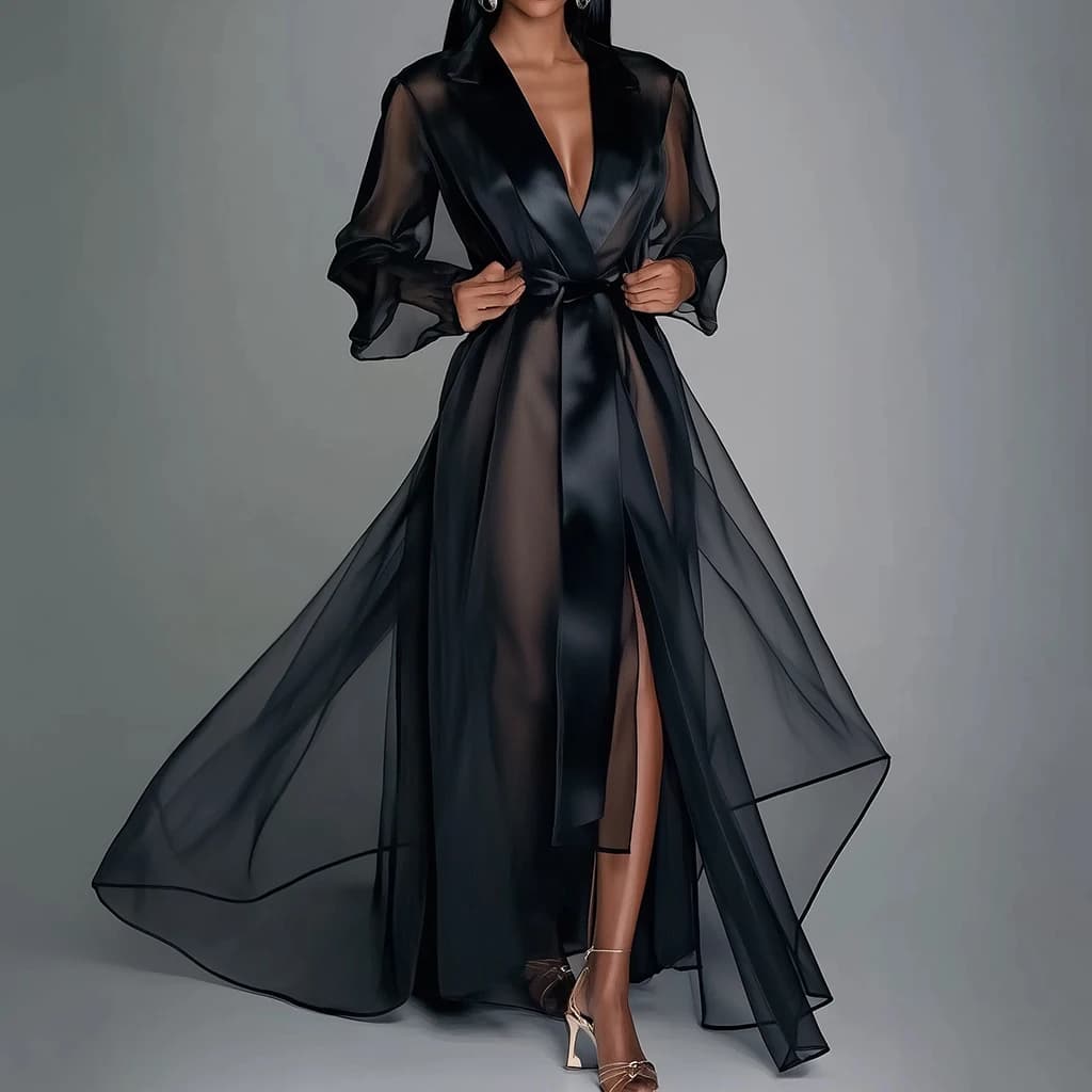 Long dress in transparent organza with long sleeves with laces Maxi dress elegant vintage sexy with V-neck in transparent mesh with split edge Maxi casual dresses
