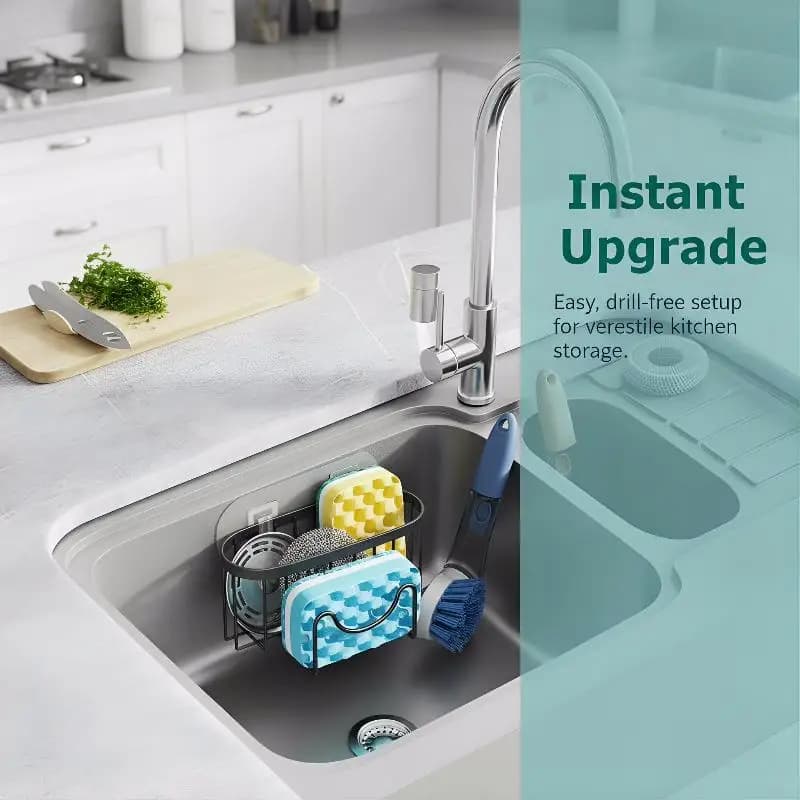 Stainless Steel Sponge Holder Rack Hollowed Design With Suction Cup And Hook Easy Mount For Kitchen Sink Or Bathroom