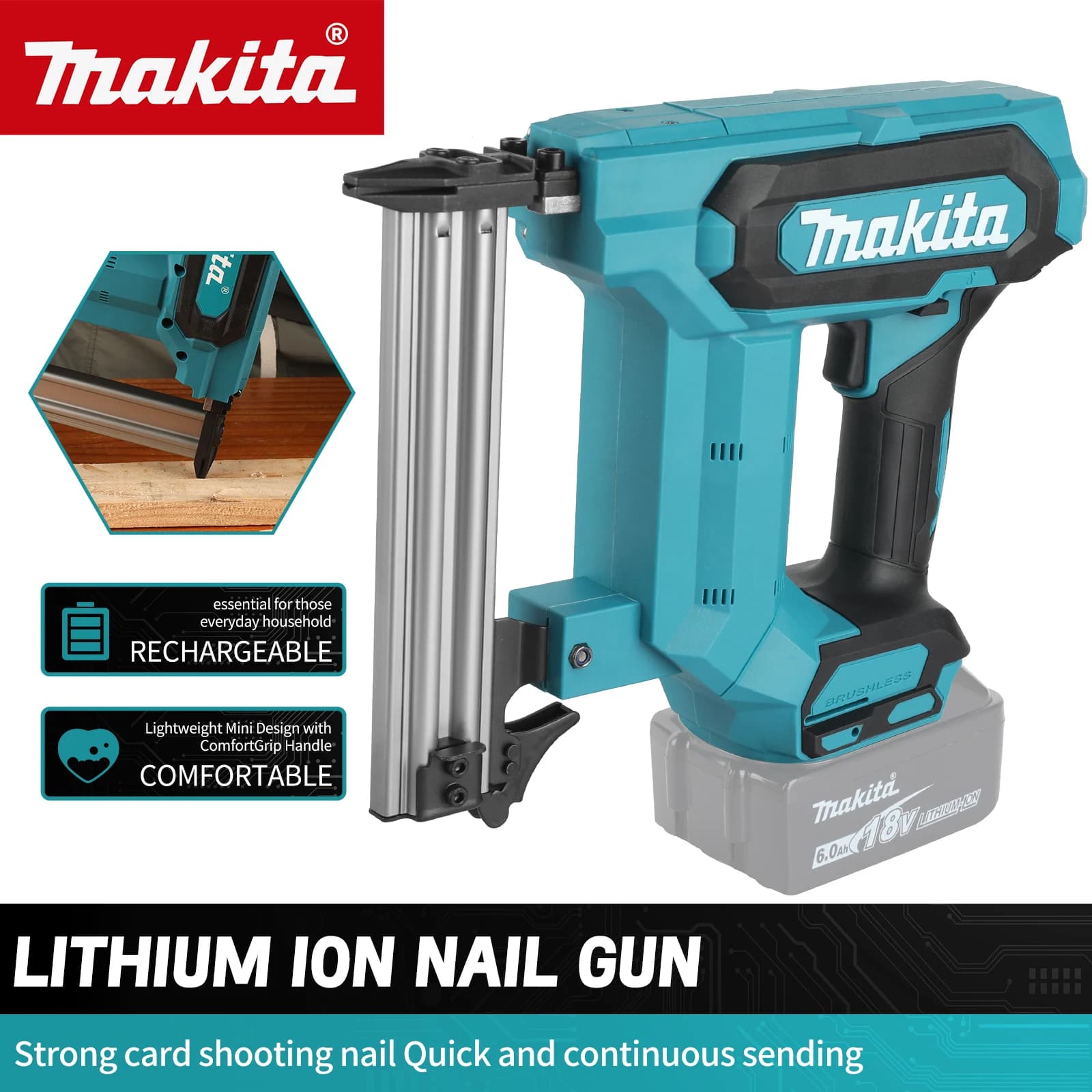 Makita DFN350G Pistola per punti metallici per chiodi dritti, pistola per chiodi a percussione elettrica a batteria 18V, pistola per rivettatura, strumenti di carpenteria per batteria Makita