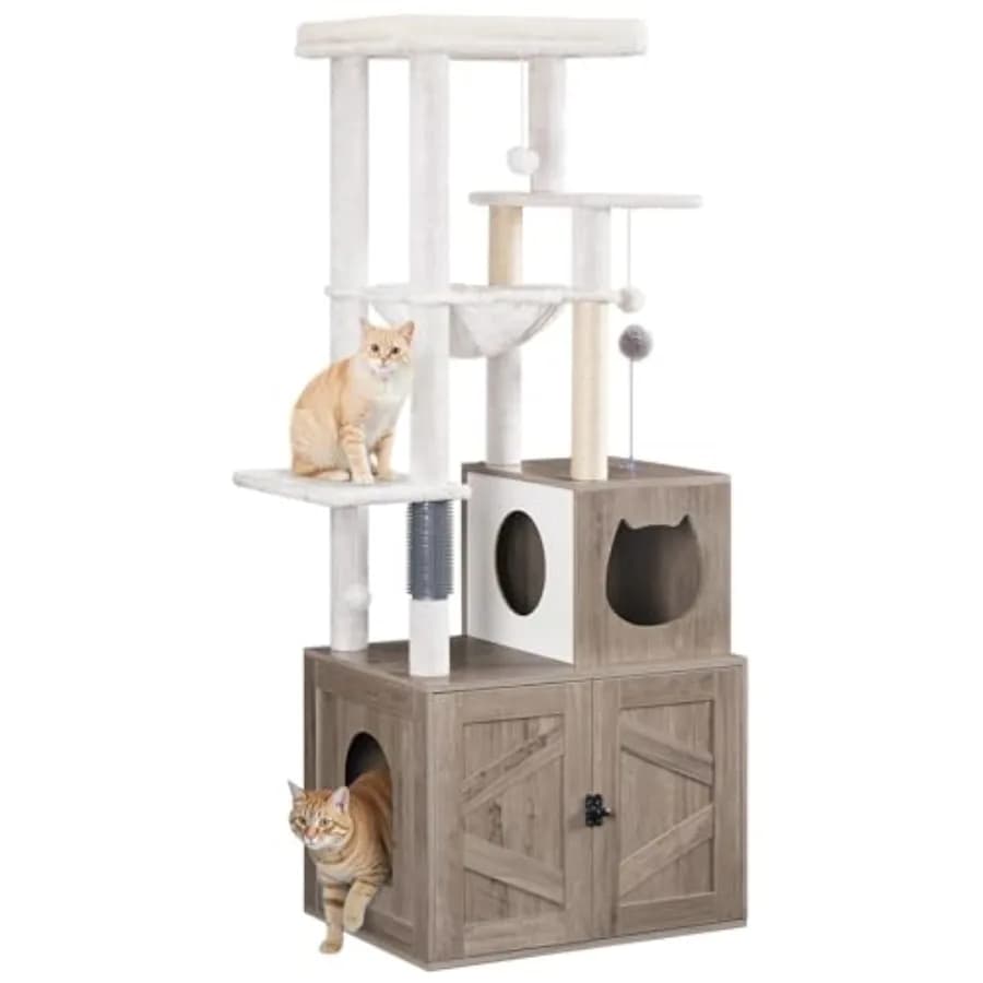 Albero per Gatti Alto con Lettiera Nascosta Integrata per Gatti da Interno - Cuccia Moderna All-in-One per Gatti in Grigio e Bianco con Pali in Sisal