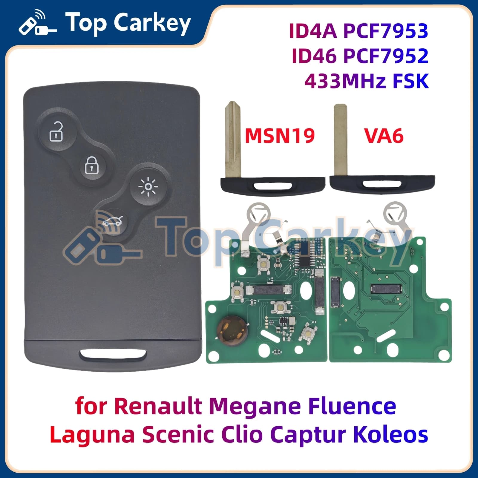 TopCarkey Chiave A Distanza Senza Chiave Della Carta 4A 46 Chip 433MHz per Renault Megane Fluence Laguna Scenic Clio Captur Koleos