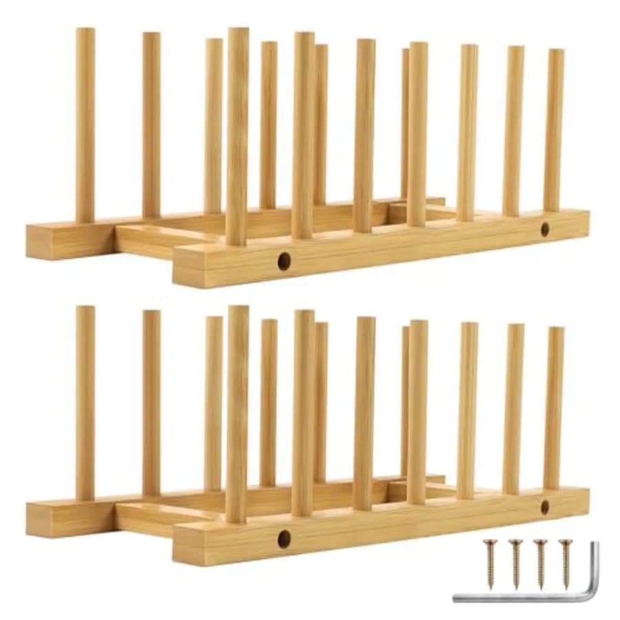 2 Pack Wooden Dish Rack Holder - Bamboo Plate Organizer for Cabinet Dishes Pots Lid and Cutting Boards, Kitchen Cabinet Space S
