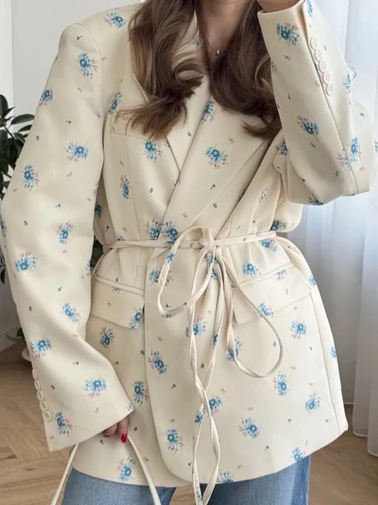 FSMG Elegante Giacca con Stampa Floreale, Colletto a Risvolto, Cintura in Vita, Spalline, Maniche Lunghe, Chiusura a Bottone Singolo, Blazer Chic da Donna
