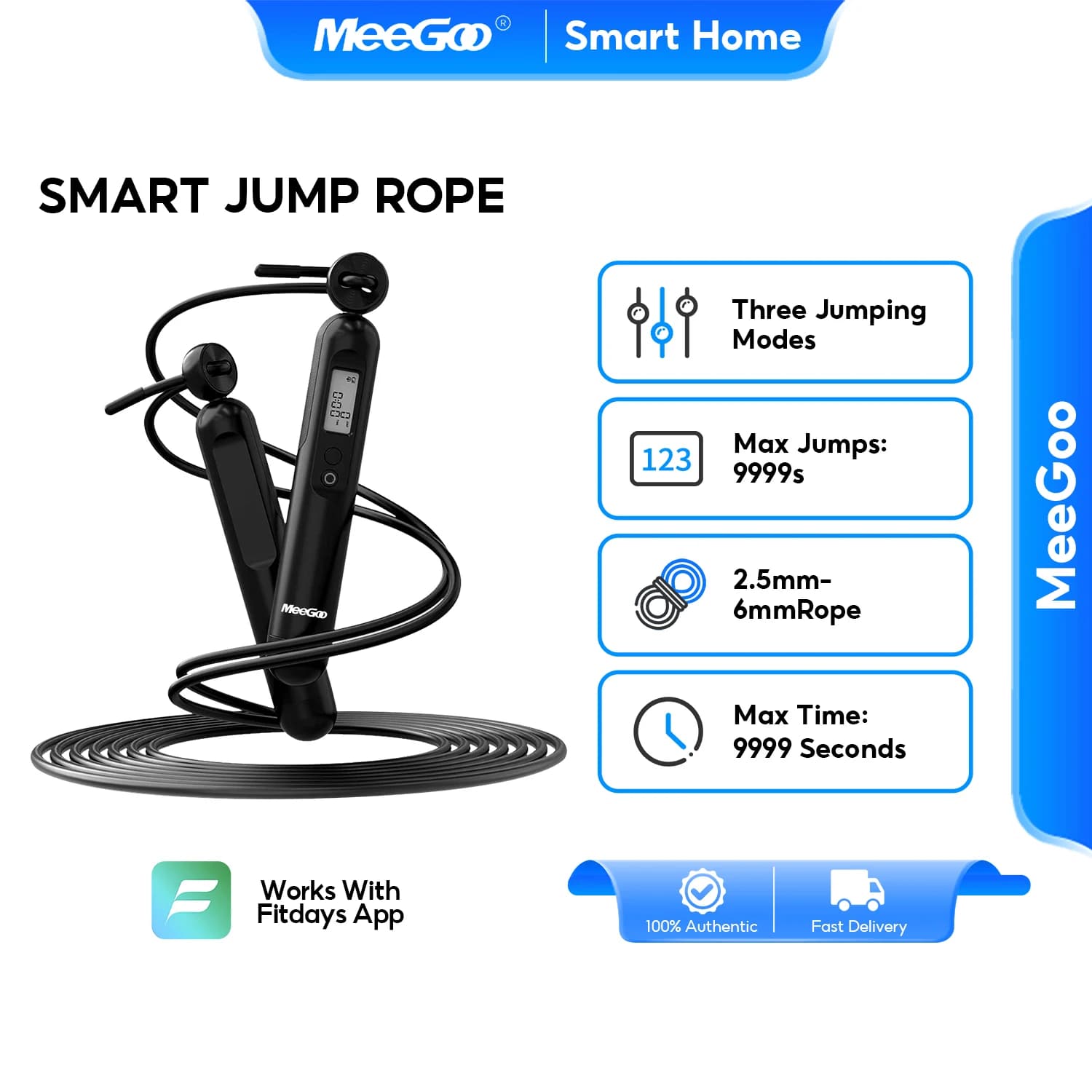 MeeGoo RS2360B Bluetooth Smart Jump Rope, 3 Jumping Modes, Max 9999 Counts/9999s, 2.5-6mm Adjustable Rope, 360° Sensor, USB-C Re