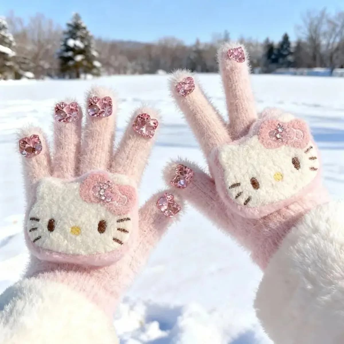 Hello Kitty plush gloves with rhinestones, for women, winter, hot, separate fingers, anti-cold, for cycling and skiing, 2026, the best gift