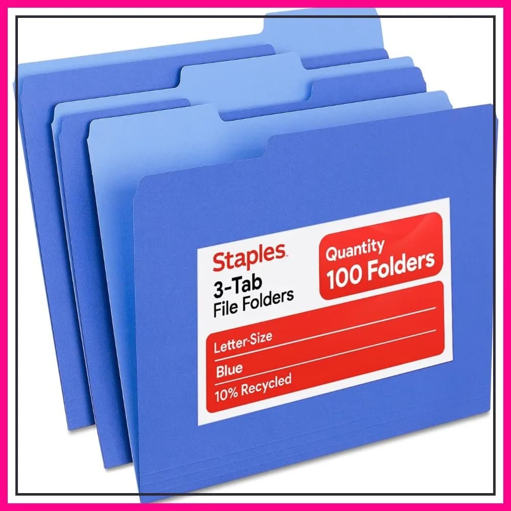 Cartelle portadocumenti Staples, formato Letter, con linguette superiori a taglio 1/3, in carta resistente da 10,5 punti, confezione da 100