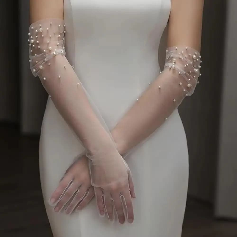 Guanti da Sposa di Lusso Fatti a Mano con Perline, Eleganti Guanti Trasparenti da Cerimonia, Guanti Sottili al Gomito con Perle per Feste Serali
