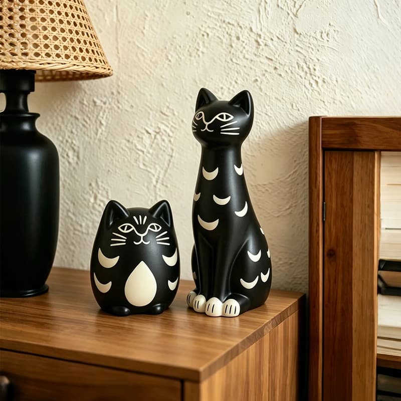 Black Moon Pattern Cat Figurine Set Cartoon Animal Sculpture Decor for Entryway Desk Coffee Tabletop Minimalist Home Ornament