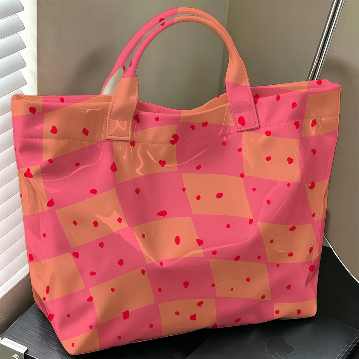 Check Dots Cute Large Glossy PVC Tote Bag Hand Washable Lightweight Soft Great for Travel Commute Makeup Storage Handbags