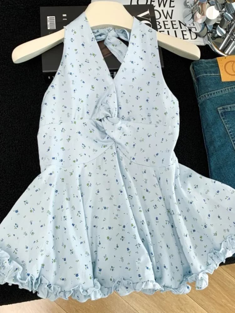 Top Estivo con Stampa Floreale e Nodo, T-Shirt Senza Maniche da Donna con Vita Snellente, Stile Coreano Dolce
