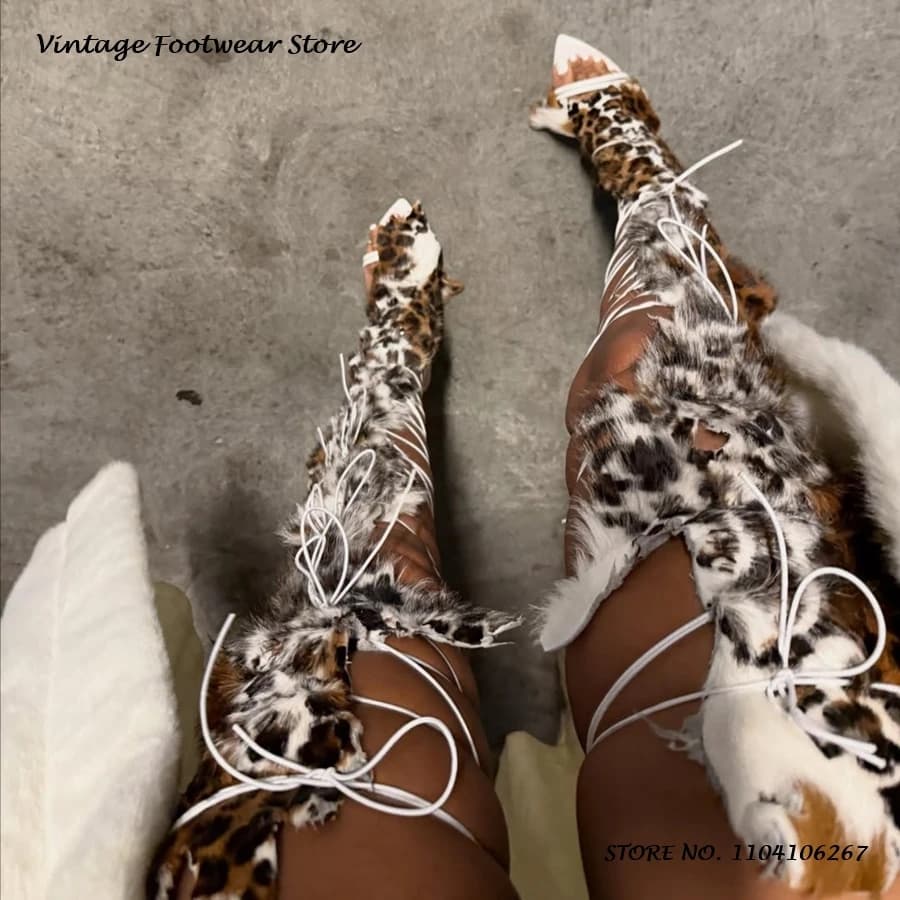 Leopard Furry Lace-up Sandals Gladiator Pointed Open Toe Thin Heels Party Shoes Sexy Women's Spring Summer Cross-tied Stilettos
