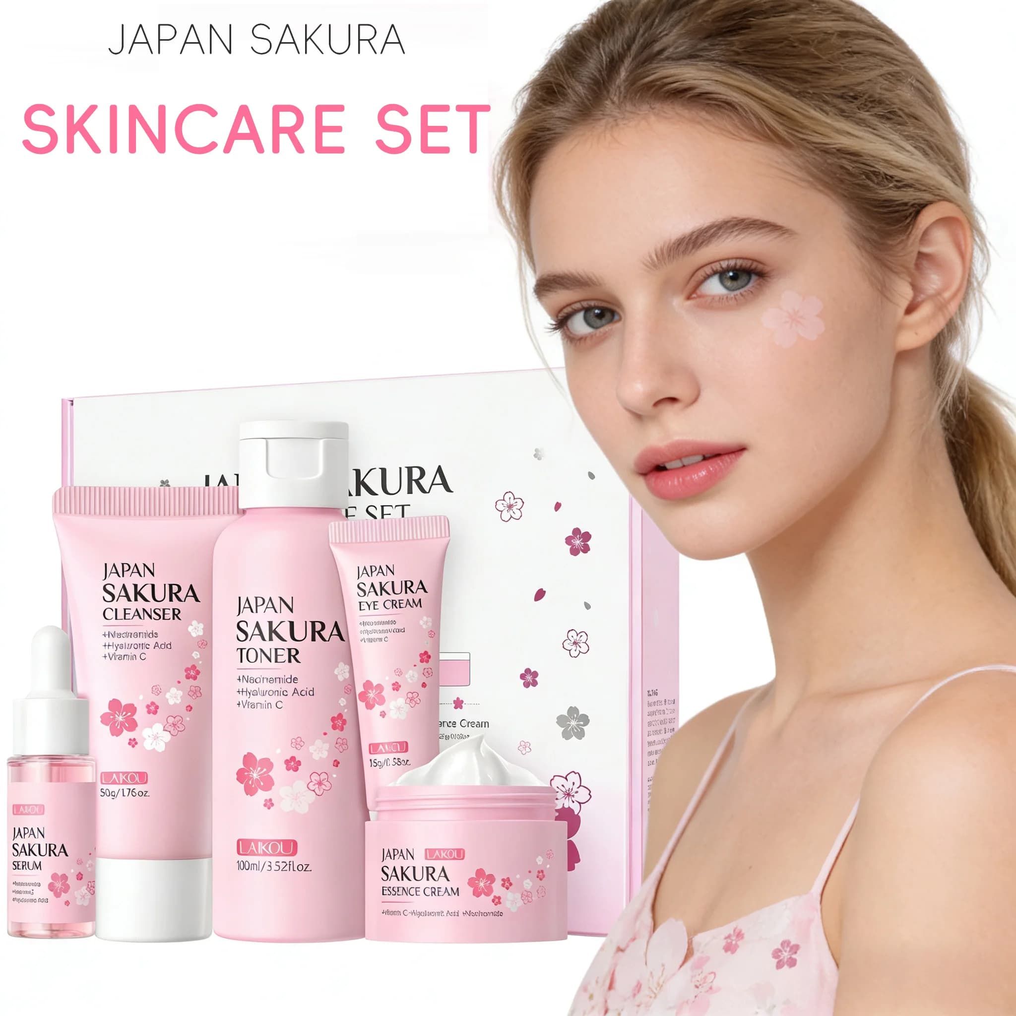 LAIKOU Sakura Kit 5 pezzi per la cura della pelle: detergente, tonico, siero, crema contorno occhi, crema essenza idratante, confezione regalo di bellezza per donne