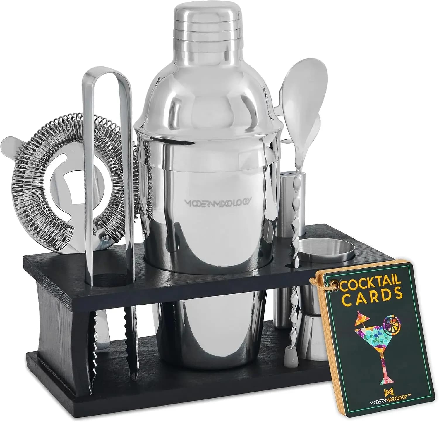 Professional Cocktail Shaker Set with Pine Stand - Leak-Proof Bartender Kit, 18oz Stainless Steel, Includes Jigger, Strainer, Spoon & Tongs for Home Mixology