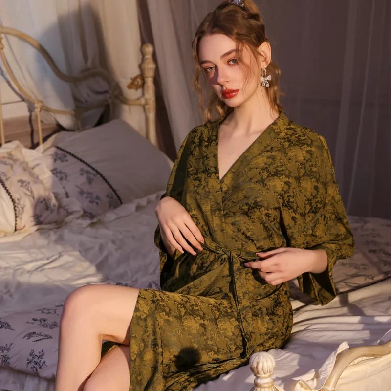 Luxury Jacquard Long Robe Nightgown Women Half Sleeve Kimono Bathrobe Gown Satin Ice Silk Sleepwear Sexy Home Dress Lounge Wear