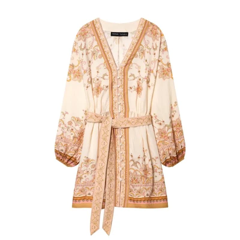 Short Dress Printed by Woman with Belt, Casual Spring with V Neckline, Soft Hem, Long Sleeves, Women's Dress Chic
