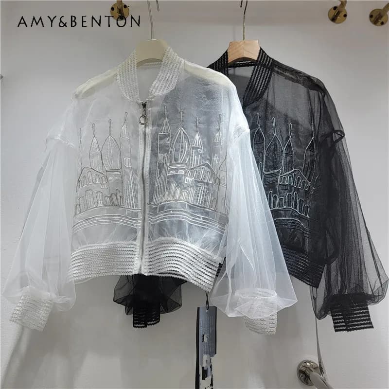 Camicia Trasparente Traspirante da Donna, Colletto Baseball, Sottile e Larga, Moda Casual Quotidiana, Maniche Lunghe, Giacca Estiva 2026