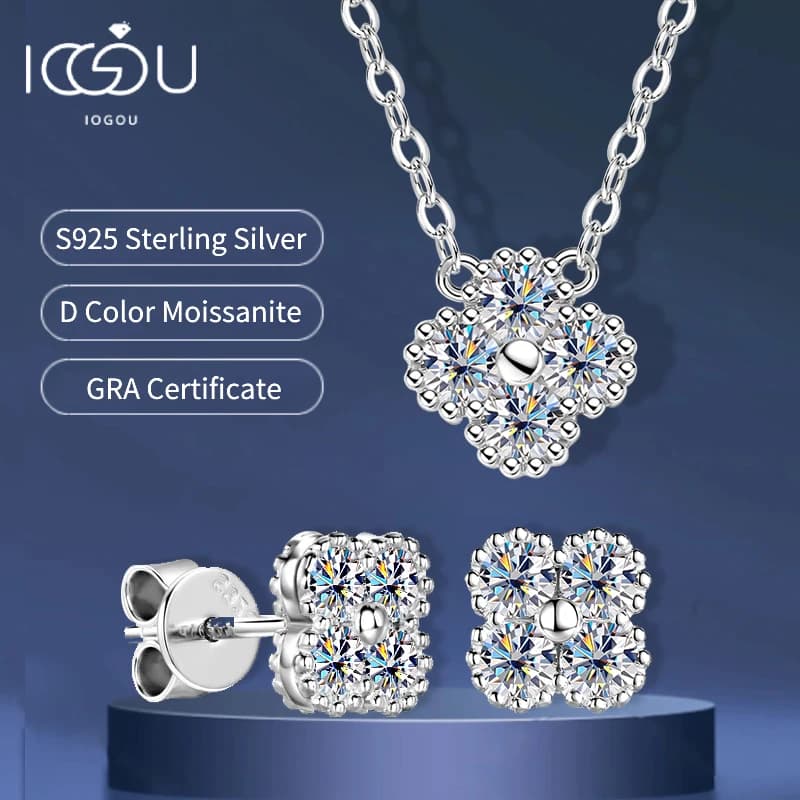 Set di gioielli con fiore di trifoglio Moissanite placcato oro 18 carati S925 argento 3mm D Moissanite Lab collana di diamanti orecchini regalo per le donne