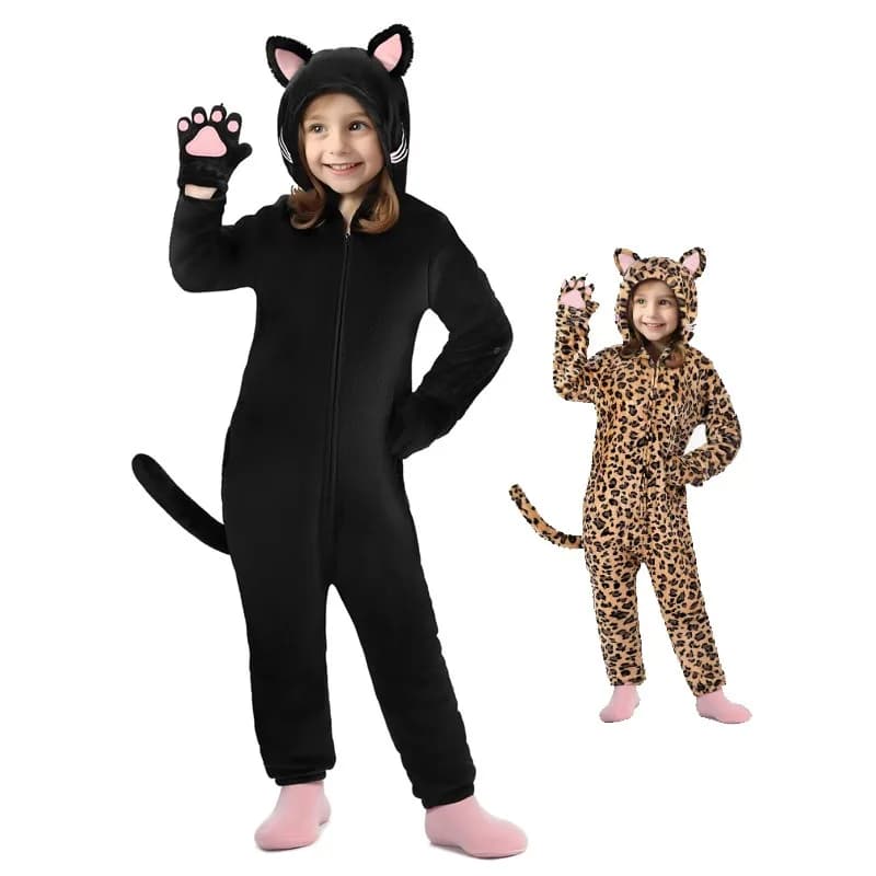 Ragazze Gatto Nero Leopardo Gatto Costume Cosplay Bambino Anime Pigiama Animale Onesies Kigurumi Natale Halloween Tuta Regalo del partito