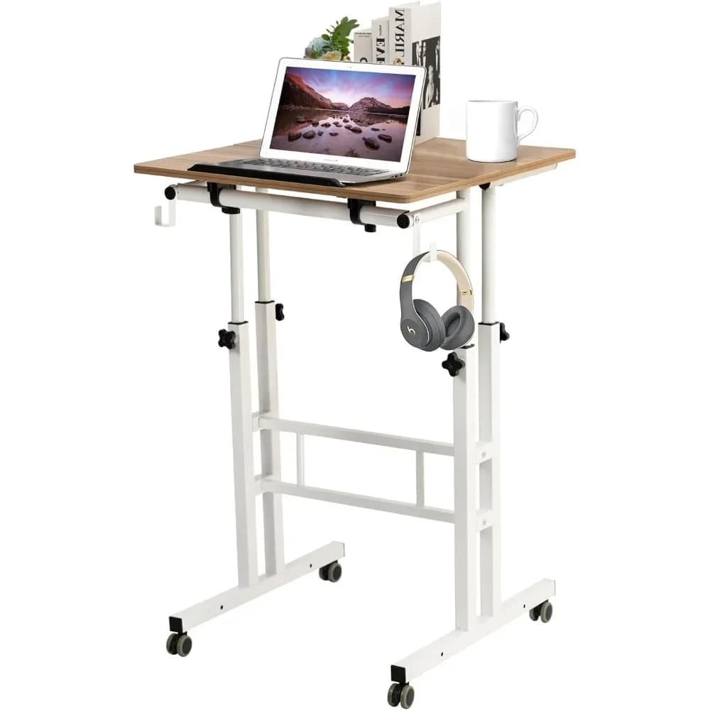 % una scrivania mobile in piedi, piccola scrivania in piedi regolabile in altezza, scrivania con rotelle, carrello per laptop per stare in piedi o seduti, rovere vintage D