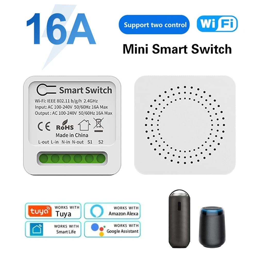 Wifi Mini Smart Switch 16A DIY Light Switch 2-way wireless control Smart Home with Tuya Smart Life Alexa Alice Google Home