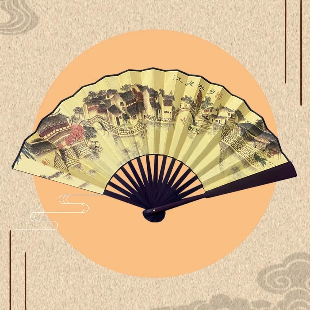 Bamboo Handle Folding Fan Silk Cloth Traditional Chinese Painting Hand Fan Laser Engraving Chinese Retro Style Bamboo Fan